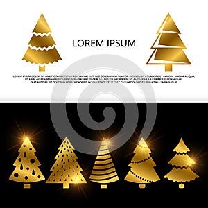 Vector banner or flyer with golden christmas tree icons