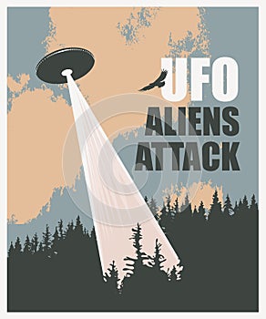 Vector banner with a flying UFO over the forest