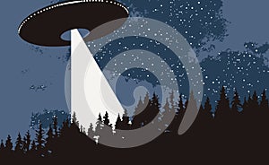 Vector banner with a flying UFO over the forest