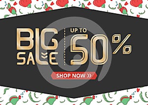 Vector banner with gold lettering big sale up to fifty percent shop now and red poppy