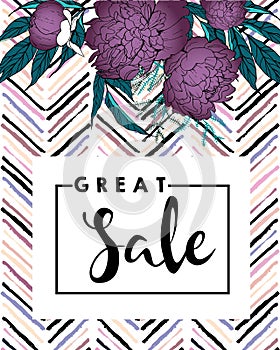 Vector banner for great sale. Purple peonies and chevron modern brush spot in trendy pastel colors.