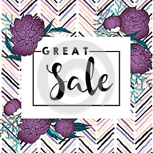 Vector banner for great sale. Purple peonies and chevron modern brush spot in trendy pastel colors.