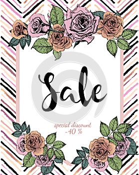 Vector banner for great sale. Rose gold flowers and chevron modern brush spot in trendy pastel colors.