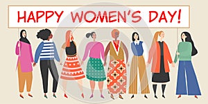 Vector banner with a group of women holding a big placard with congratulations to the International Women`s Day