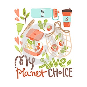 Vector banner with hand drawn elements of zero waste life. No plastic.My save planet choice