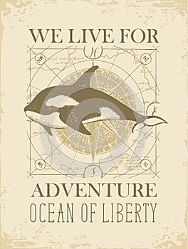 Vector banner with hand-drawn killer whale in retro style