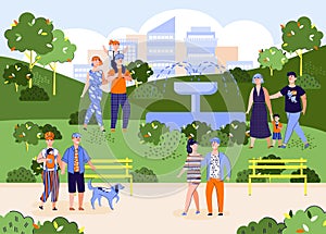 Vector banner of happy families rest in the city park on a summer or spring day.