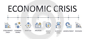 Vector banner infographics economic crisis. Editable stroke. Line icons stock market crash health unemployment recession economic