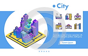 Vector banner isometric futuristic city, line icon