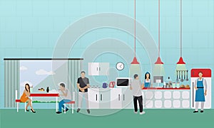 Vector banner with kitchen interior. People having lunch in office cafe