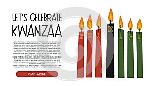 Vector banner for Kwanzaa with kinara candles - red, black, green with hand drawn symbols of seven principles of Kwanza