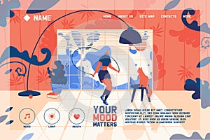 Vector banner or landing page template with jumping on skipping rope inside her room full of greenery and light. Interior scene