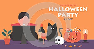 Vector banner of man in Dracula costumes using computer to celebrate online Halloween