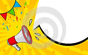 Vector banner with megaphone and speech bubble. Concept of announcement.