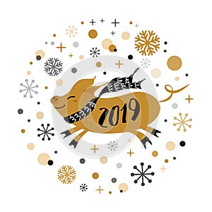 Vector banner 2019 Merry Christmas Happy New Year golden pig shape gold snowflakes label badge print sign poster card