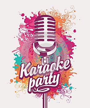 Banner for karaoke party with mic on colored spots photo