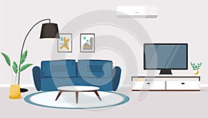 Vector banner with modern living room interior. Design of a cozy room with a sofa, TV stand, floor lamp, air