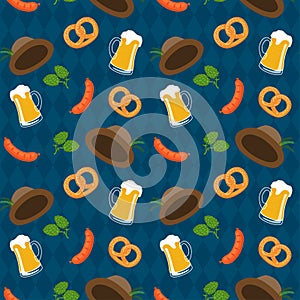 Vector banner of oktoberfest with pretzels, beer mugs etc