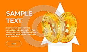 Vector banner orange background 2 gold bitcoin coins on the background of a white arrow pointing up. Currency growth