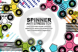 Vector banner or poster background with fidget hand spinner and abstract geometric shapes. Spinner anti stress toy.