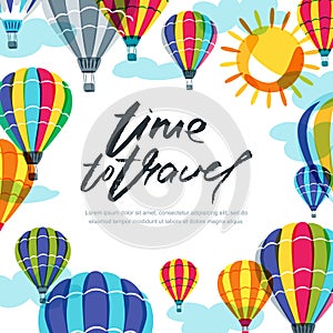 Vector banner, poster or flyer design template with hot air balloons and calligraphy lettering. Hand drawn illustration.