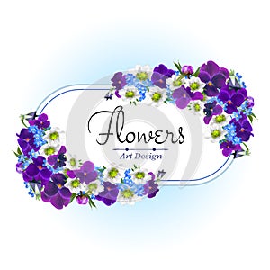 Vector banner with realistic flowers of purple viola, strawberry and forget-me-not. Floral wreath design