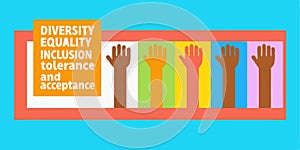 Vector banner representing a group of raised hands. Diversity, equality, inclusion, tolerance and acceptance concept.