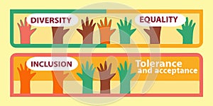 Vector banner representing a group of raised hands. Diversity, equality, inclusion, tolerance and acceptance concept.