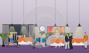 Vector banner with restaurant interior. People having dinner in cafe. Party concept