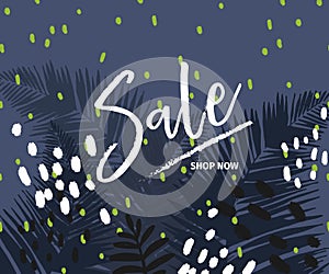 Vector banner for shop web site. Summer sale. Tropical trendy theme. Palm leaves on dark blue. Business promotion