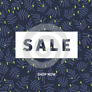 Vector banner for shop web site. Summer sale. Tropical trendy theme. Palm leaves on dark blue. Business promotion