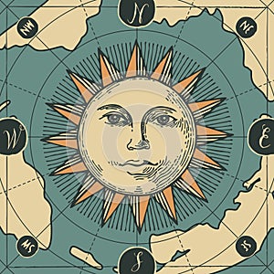 Vector banner with sign of sun and old map