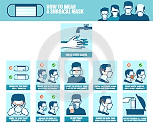 Vector banner of a step by step instruction of how correctly to wear a surgical mask photo