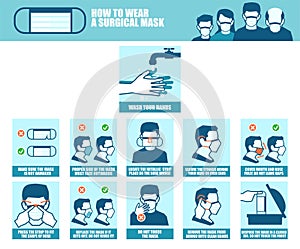 Vector banner of a step by step instruction of how correctly to wear a surgical mask