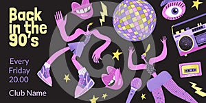 Vector banner template for an event in the style of the nineties with funny characters in extravagant outfits. Rave party