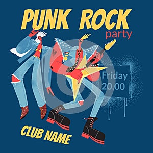 Vector banner template for punk rock event with funny characters. Party in the style of the nineties