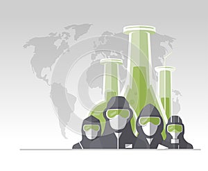 Vector banner template with scientists, lifeguards and doctors dressed in protective suits and masks