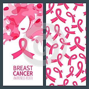 Vector banner template and seamless pattern for breast cancer october awareness month.