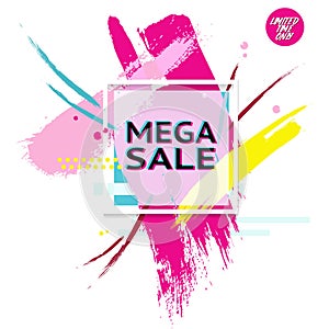 Vector banner with text Mega Sale for emotion and motivation. Poster in epic 90s minimal style with splash background