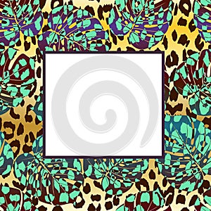 Vector banner tropical flyer monstera palm leaves leopard spots. Copy Space