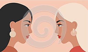 Vector banner with two Women looking at each other. Female face profiles on pink background