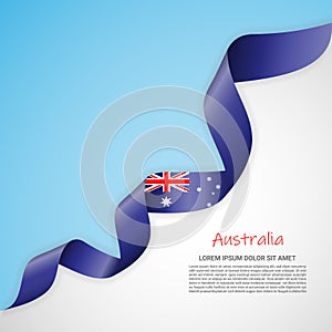 Vector banner in white and blue colors and waving ribbon with flag of Australia. Template for poster design, brochures