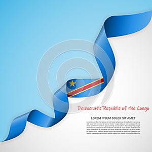 Vector banner in white and blue colors and waving ribbon with flag of Congo. Template for poster design, brochures