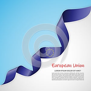 Vector banner in white and blue colors and waving ribbon with flag of Europeanunion. Template for poster design