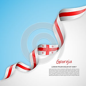 Vector banner in white and blue colors and waving ribbon with flag of Georgia. Template for poster design, brochures