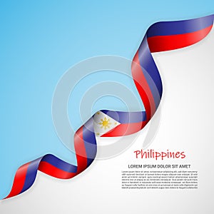 Vector banner in white and blue colors and waving ribbon with flag of Philippines. Template for poster design, brochures