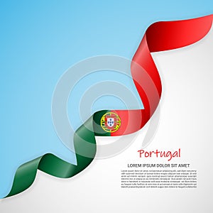 Vector banner in white and blue colors and waving ribbon with flag of Portugal. Template for poster design, brochures