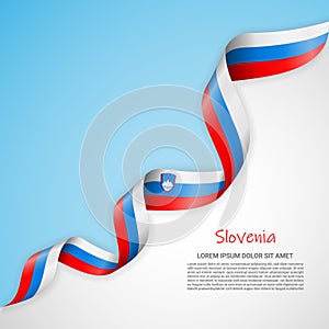 Vector banner in white and blue colors and waving ribbon with flag of Slovenia. Template for poster design, brochures