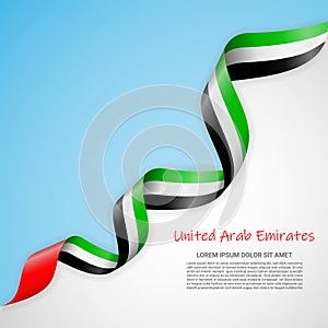 Vector banner in white and blue colors and waving ribbon with flag of United Arab Emirates. Template for poster design