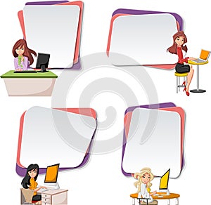 Vector banners / backgrounds with cartoon business women using computer.